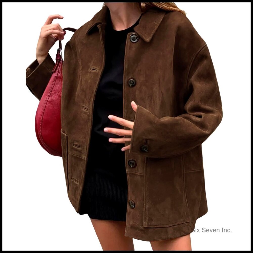Faux Suede Leather Boyfriend Shacket Long Sleeve Button Down Coat